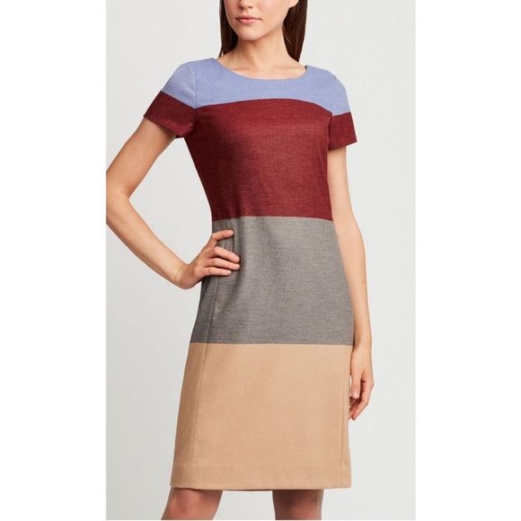 Etcetera Blue, Red, Gray & Beige Tan Color Block Shift Knit Dress in Size 8 - Picture 1 of 7